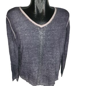 Parkhurst Blue V-Neck Sweater with Pink Trim and Rhinestone Details XL